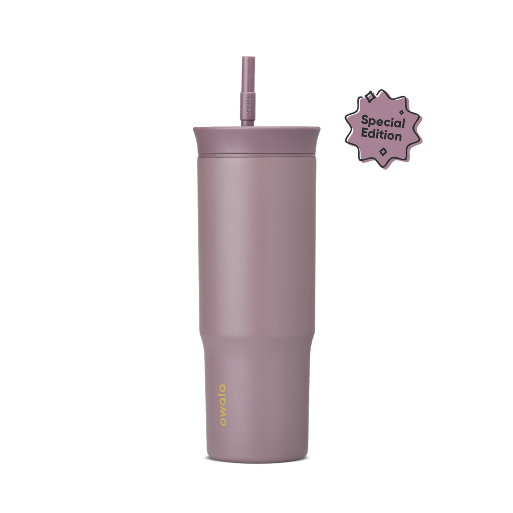 Tumbler 24oz in Spring Revival, dusty mauve-purple insulated cup with matching straw lid and built-in straw, gold Owala logo