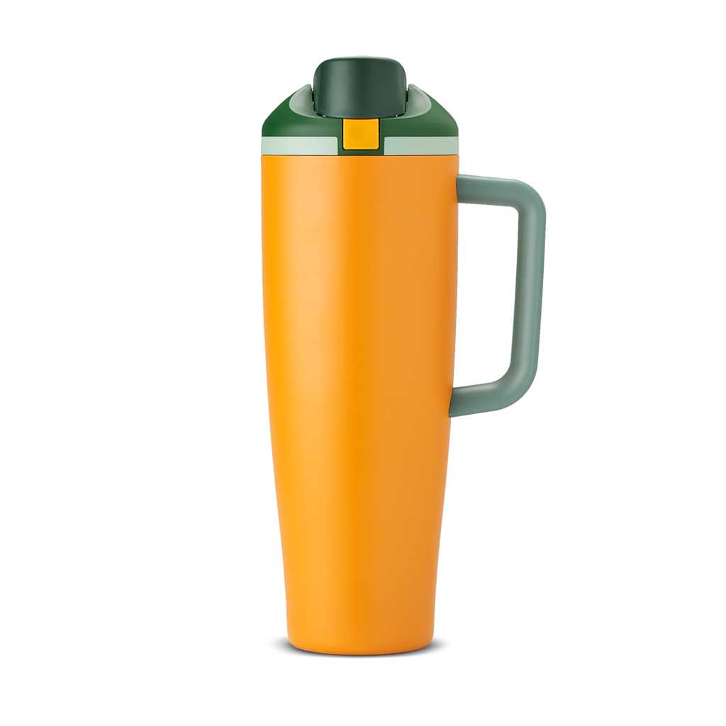 FreeSip Tumbler 40oz Orange Grove, bright orange body with dark forest green lid and yellow accent, dark green handle